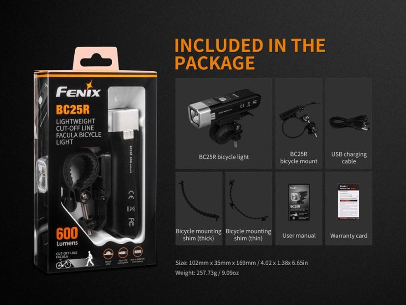 Fenix BC25R – svetlo, držiak a dodané príslušenstvo