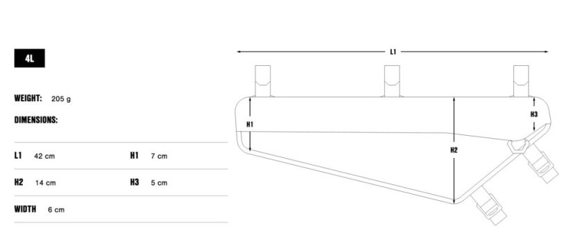 Apidura Racing Frame Pack 4 L – rozmerový nákres